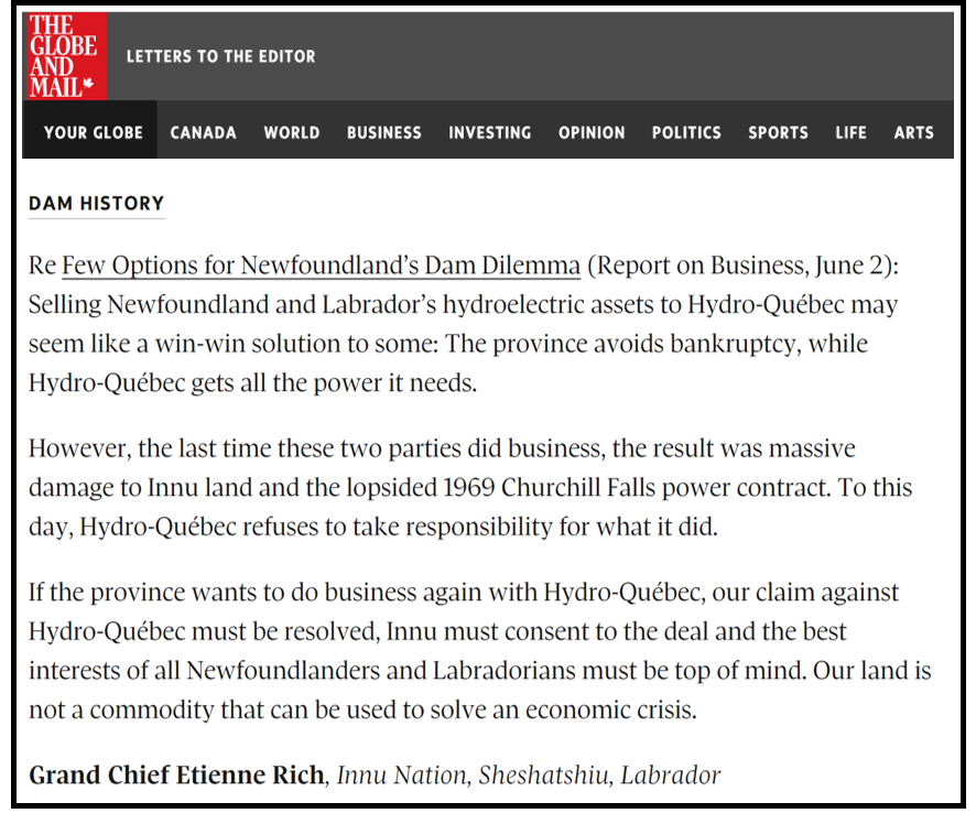 50YearsPastDue's tweet photo. “Our land is not a commodity that can be used to solve an economic crisis.” #InnuNation Grand Chief Etienne Rich speaks out about the potential sale of Newfoundland and Labrador’s hydroelectric assets in today’s @globeandmail.  #nlpoli #TheBigReset #hydroquebec #FirstNations https://t.co/OF4VkuHj9u
