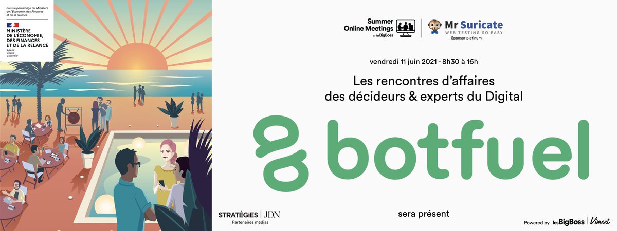 @Botfuel est ravis de vous annoncer sa participation à l’événement Summer Online Meetings @lesBigBossOff ! 😎

#meeting #digital #expérienceclient #stratégie #chatbot