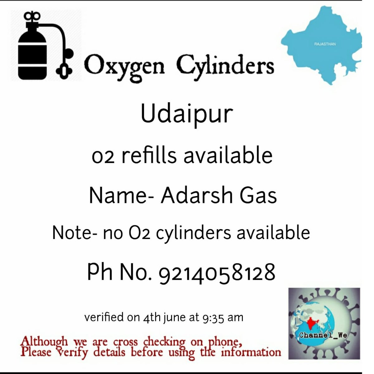 Channel_We_'s tweet photo. Oxygen cylinders, concentrators, refills available in Jaipur, Udaipur.
#covidcrisisinindia #indiafightscovid19together #covidhealth #covidresources #oxygen #oxygenconcentrator #oxygenrefill #oxygencylinder #helpingothers #secondlinesupport  #Channel_we https://t.co/Segkrmq3xT
