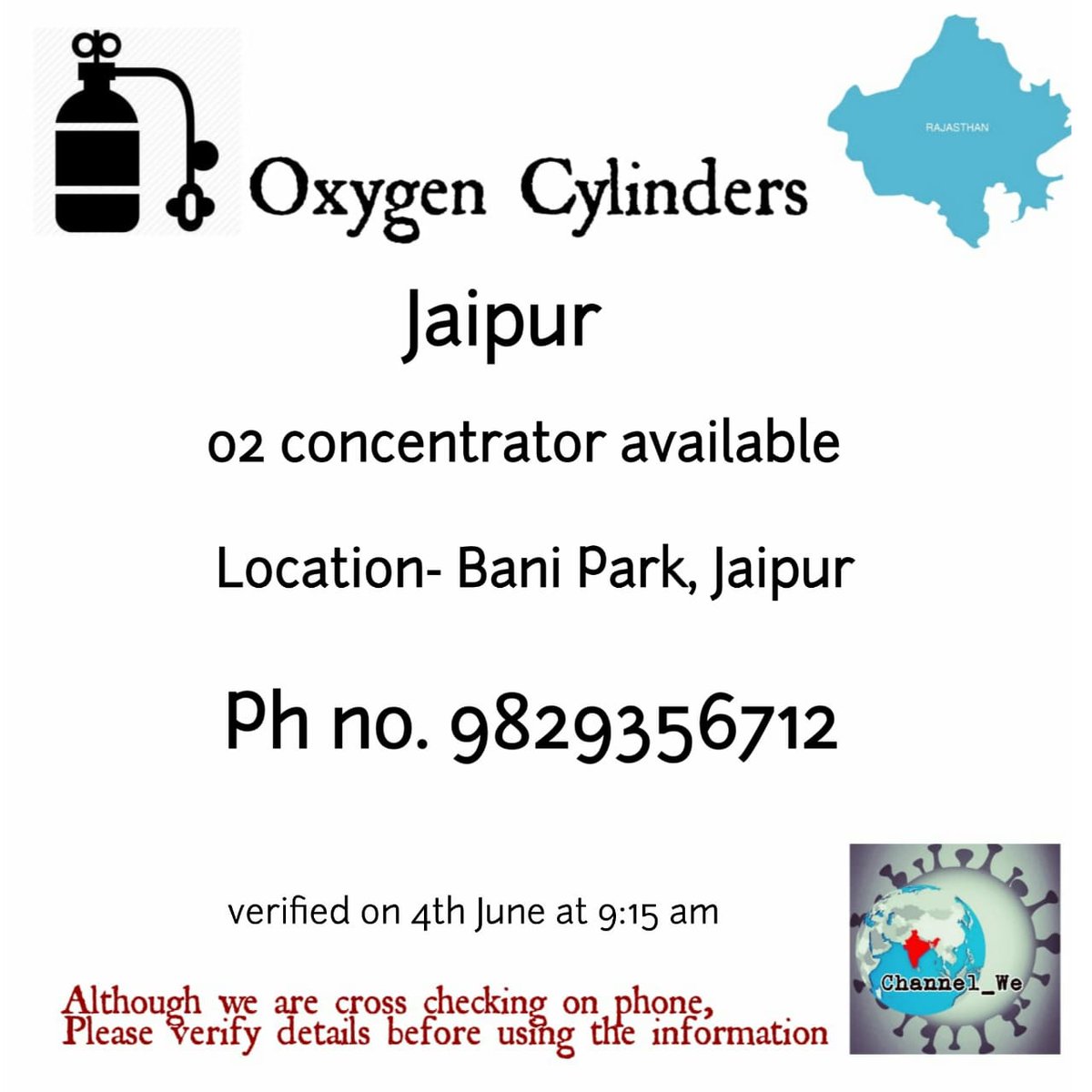 Channel_We_'s tweet photo. Oxygen cylinders, concentrators, refills available in Jaipur, Udaipur.
#covidcrisisinindia #indiafightscovid19together #covidhealth #covidresources #oxygen #oxygenconcentrator #oxygenrefill #oxygencylinder #helpingothers #secondlinesupport  #Channel_we https://t.co/Segkrmq3xT
