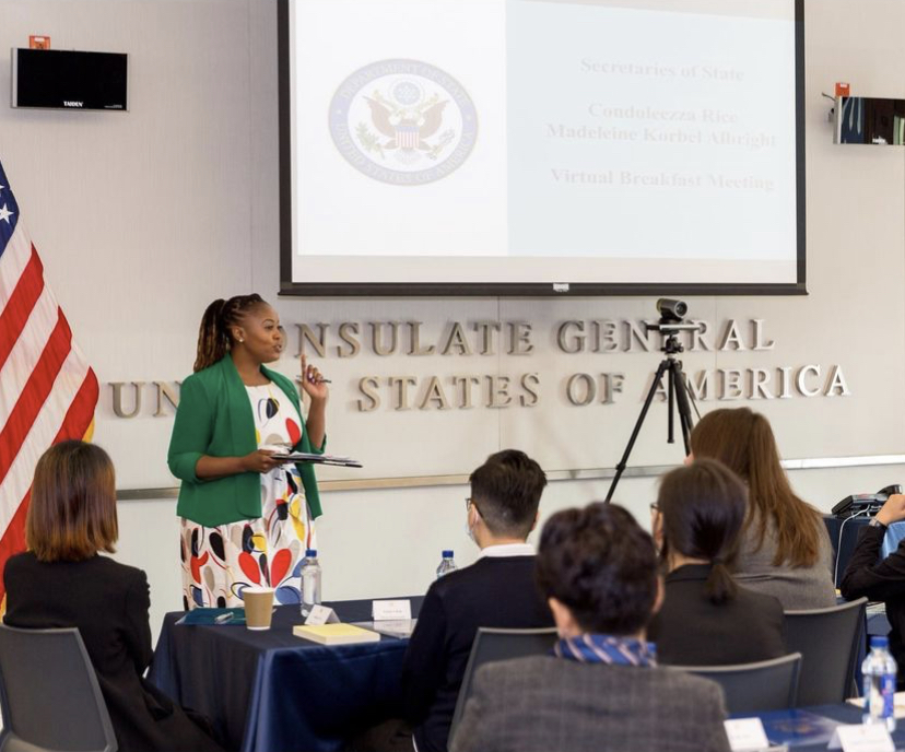 Brittany, a Foreign Service Officer with the <a href="/StateDept/">Department of State</a> leads a breakout session at a breakfast panel at the U.S. Consulate in Guangzhou, China. In attendance were various Chinese female leaders as well as <a href="/madeleine/">Madeleine Albright</a> and <a href="/CondoleezzaRice/">Condoleezza Rice</a>.

#diplomacy