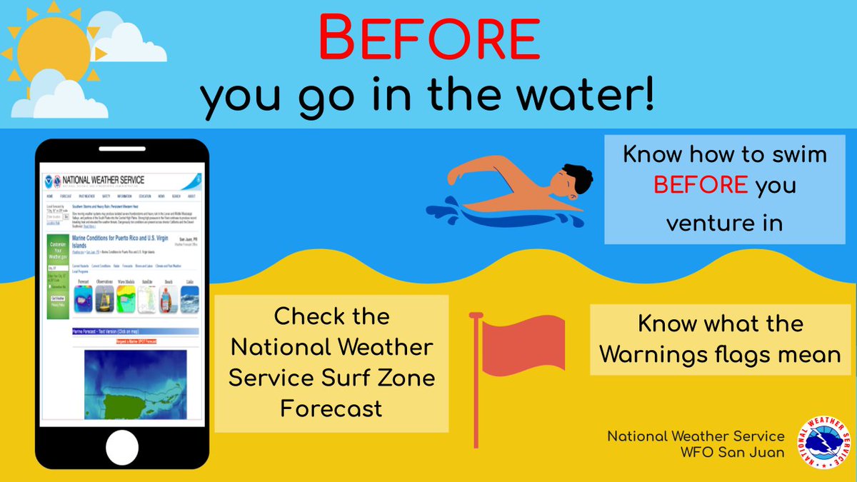 NWSSanJuan's tweet photo. 🚨Safety Tips to Know 🌊
💻Check the marine and surf zone forecast BEFORE 📱
⚠️Look for beach warning signs or ask a lifeguard 🦺
⛑️Always swim near lifeguards 🏊
For specific surf zone forecast information visit: https://t.co/7MBLPSJyjV
#prwx #usviwx #ripcurrentawareness https://t.co/NTfl1P3iMg