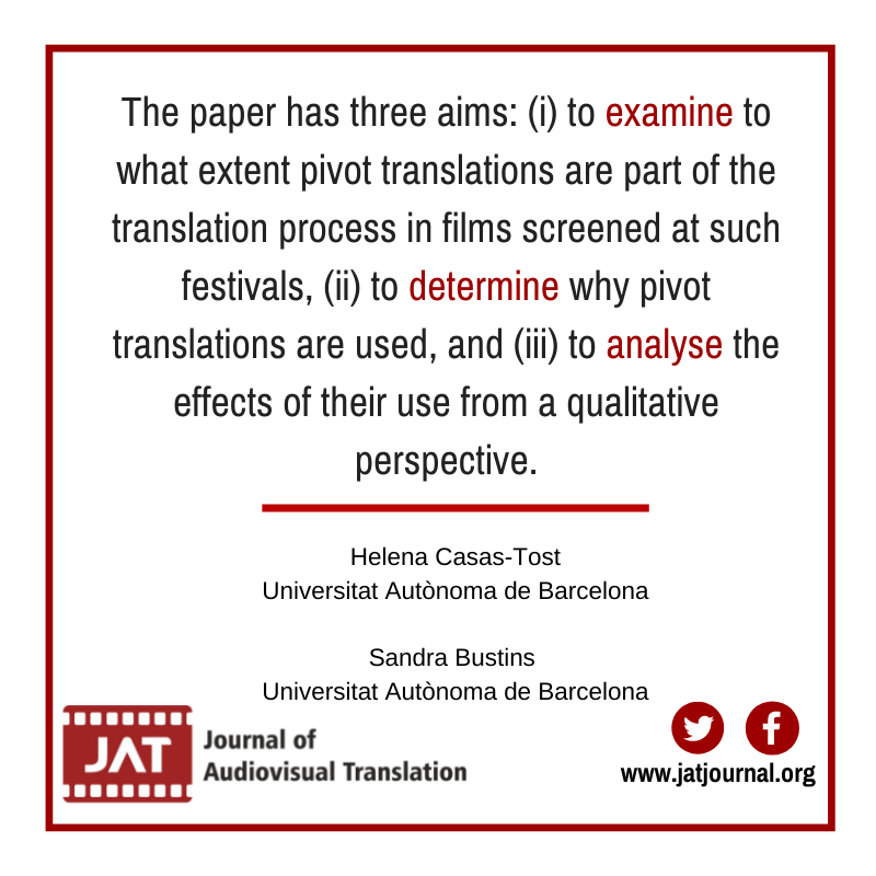 JATJournal's tweet photo. New article in the regular 2021 issue is out!!
🧐🧐An interesting study on the role of pivot translations in Asian film festivals in Catalonia by Helena Casas-Tost and Sandra Bustins. https://t.co/f5xwbXblVp