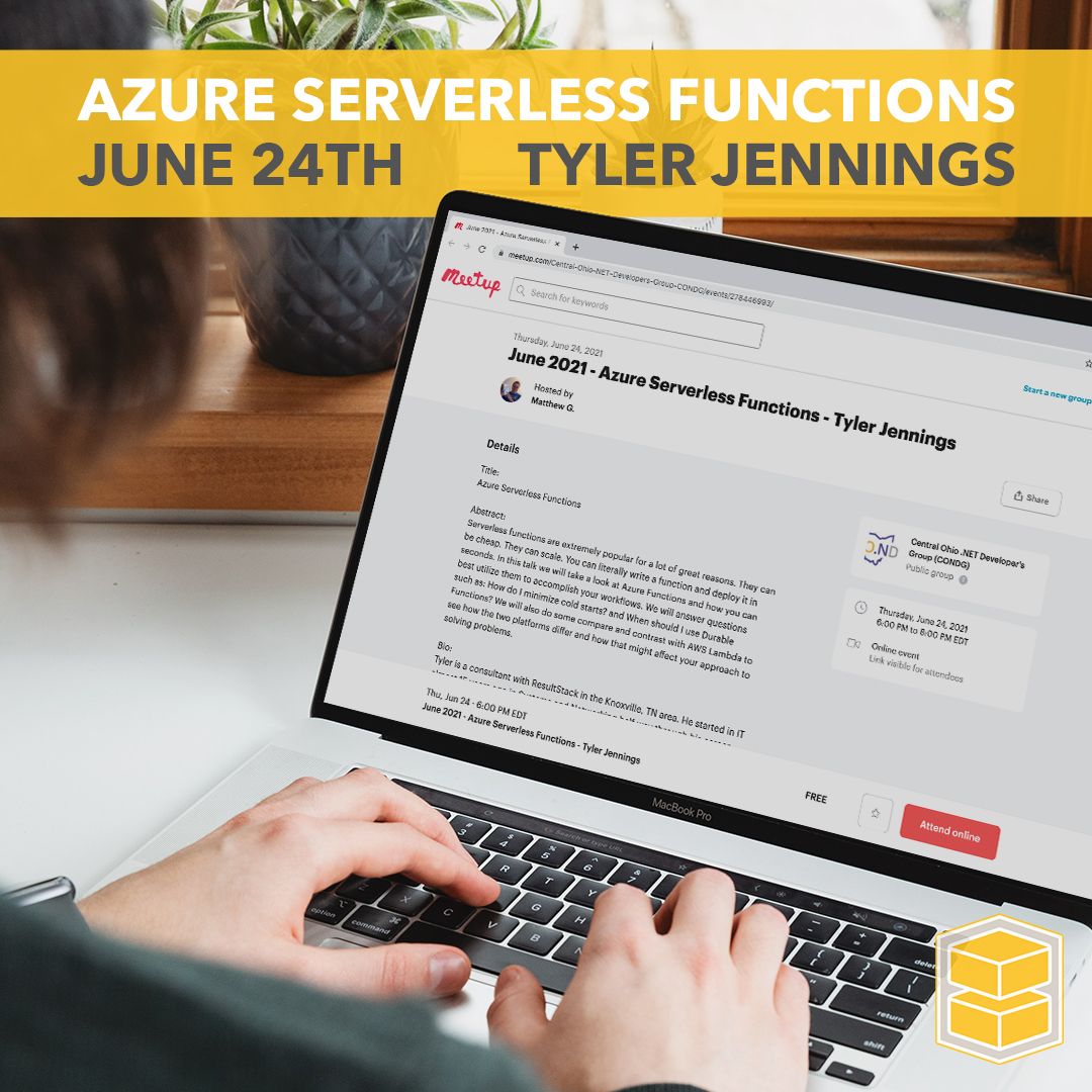 ResultStack's tweet image. Curious how to best utilize Azure Functions to accomplish your workflows? Our very own Tyler Jennings will be speaking on Azure Serverless Functions on June 24th for the Central Ohio .NET Developer&apos;s Group! Register for this FREE event at meetup.com/Central-Ohio-N…!