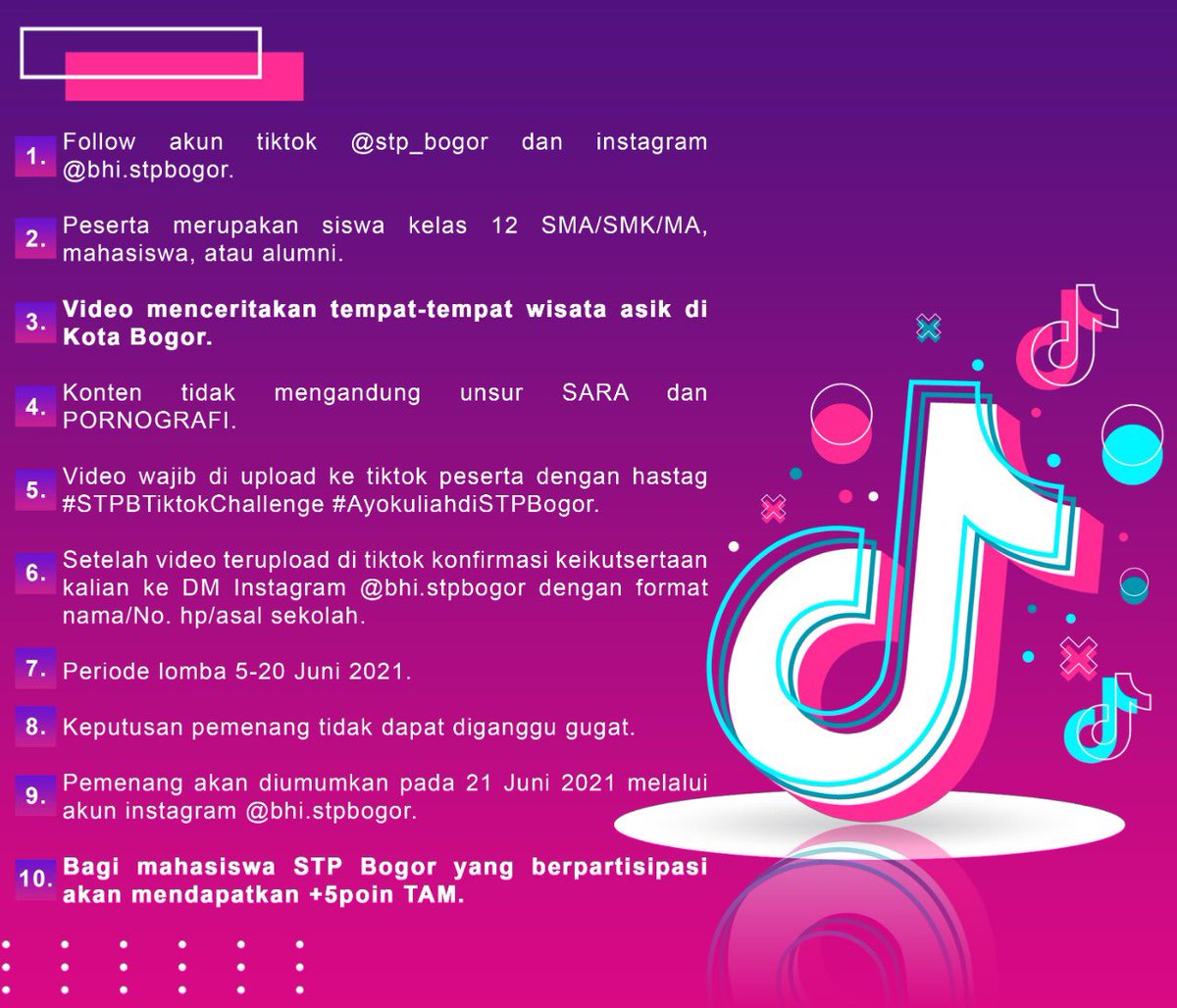 [TikTok Challenge Alert]
 
Halo Semua!
 
Yuk! Ekspresikan diri kamu dengan mengikuti lomba TikTok Challenge #STPBTiktokChallenge
 
Jangan lupa sertakan hastag #STPBTiktokChallenge #AyokuliahdiSTPBogor 
 
Info Selengkapnya ada di Instagram <a href="/BHI/">kobi</a>.STPBogor