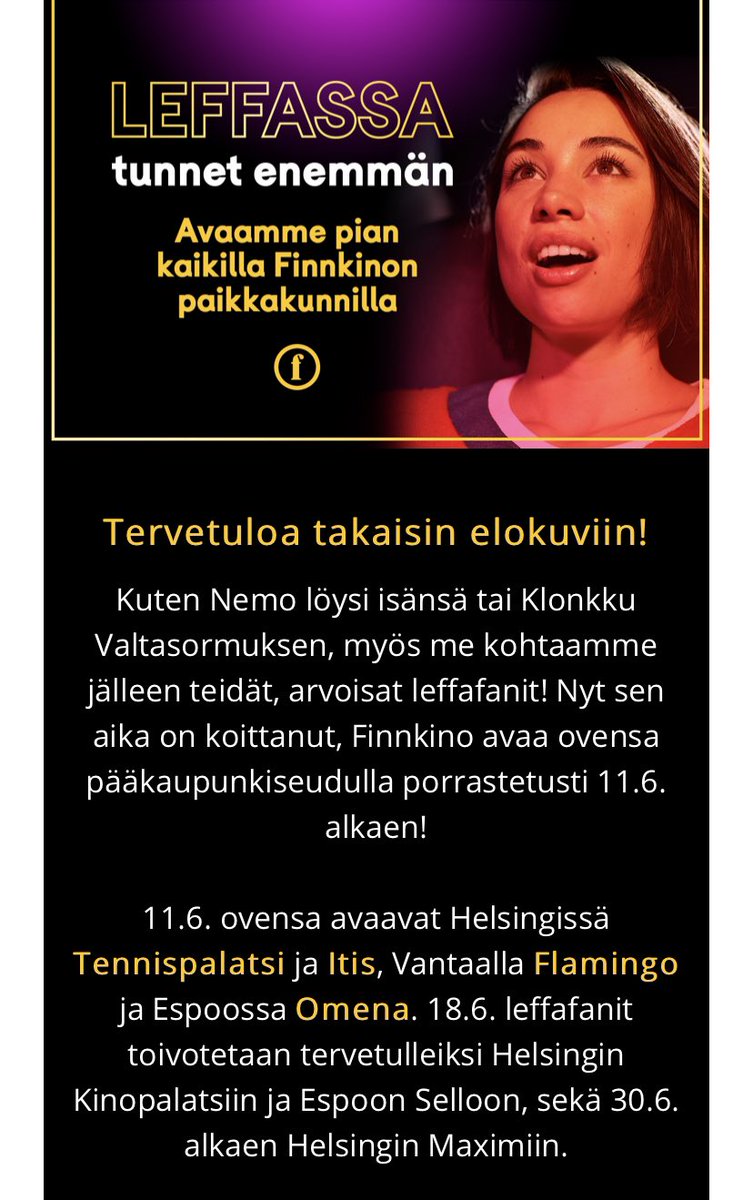 hankeli87's tweet photo. Kohta käyn koko ajan leffassa 😍 hyvä että pääsette avaan myös pk-seudulla 😊@Finnkino_FI 🔥 https://t.co/8DP6BfAqLn