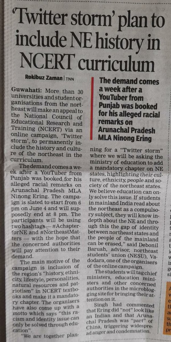 ZamanRokibuz_'s tweet photo. Why #NortheastMatters &amp; #AchapterforNE trending
Earlier attempts were made to include Northeastern culture and history in the NCERT books permanently. There is also a supplementary text book 'North East India — People, History and Culture’, for students from Class 9 to 12. https://t.co/tA0pRrcNTF