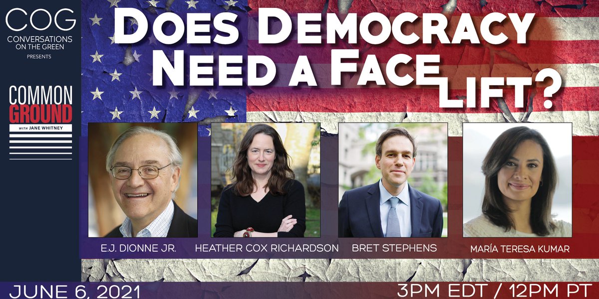 CGJaneWhitney's tweet photo. Join us Sunday, June 6 at 3 pm ET to hear from a panel of renowned voices to discuss the escalating threats to the rule of law and how the country can rebuild its constitutional guardrails. Register here: https://t.co/a8ea8U6Ncz #COGinCT #democracy https://t.co/AfMgmyxP9d