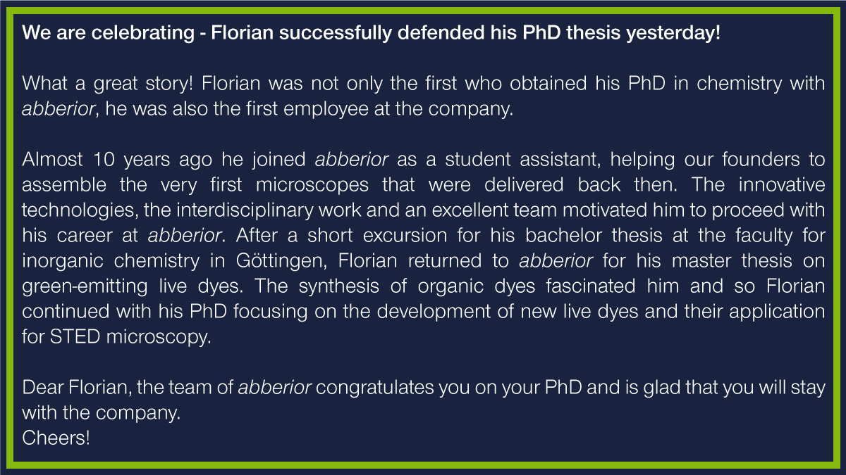 Abberior's tweet photo. We are celebrating - Florian successfully defended his PhD thesis yesterday!
Read more about his story👇

#abberior #livedyes #microscopy #STED #PhD #happy #FluorescenceFriday #chemistry #science #university #career #work #cheers https://t.co/79BpUXt79l