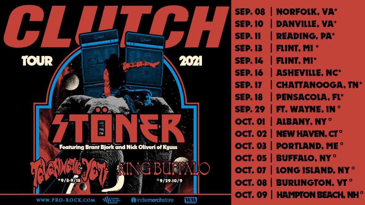 We have extended the 30 Years of Rock & Roll Tour! Sep 8 through Oct 9! Tickets On Sale NOW! Joining us will be very special guests STÖNER featuring Brant Bjork and Nick Oliveri Also @yetidoom Sep 8-18 and @kingbuffaloband Sep 29-Oct 9. Get Tickets HERE: ClutchOnTour.com
