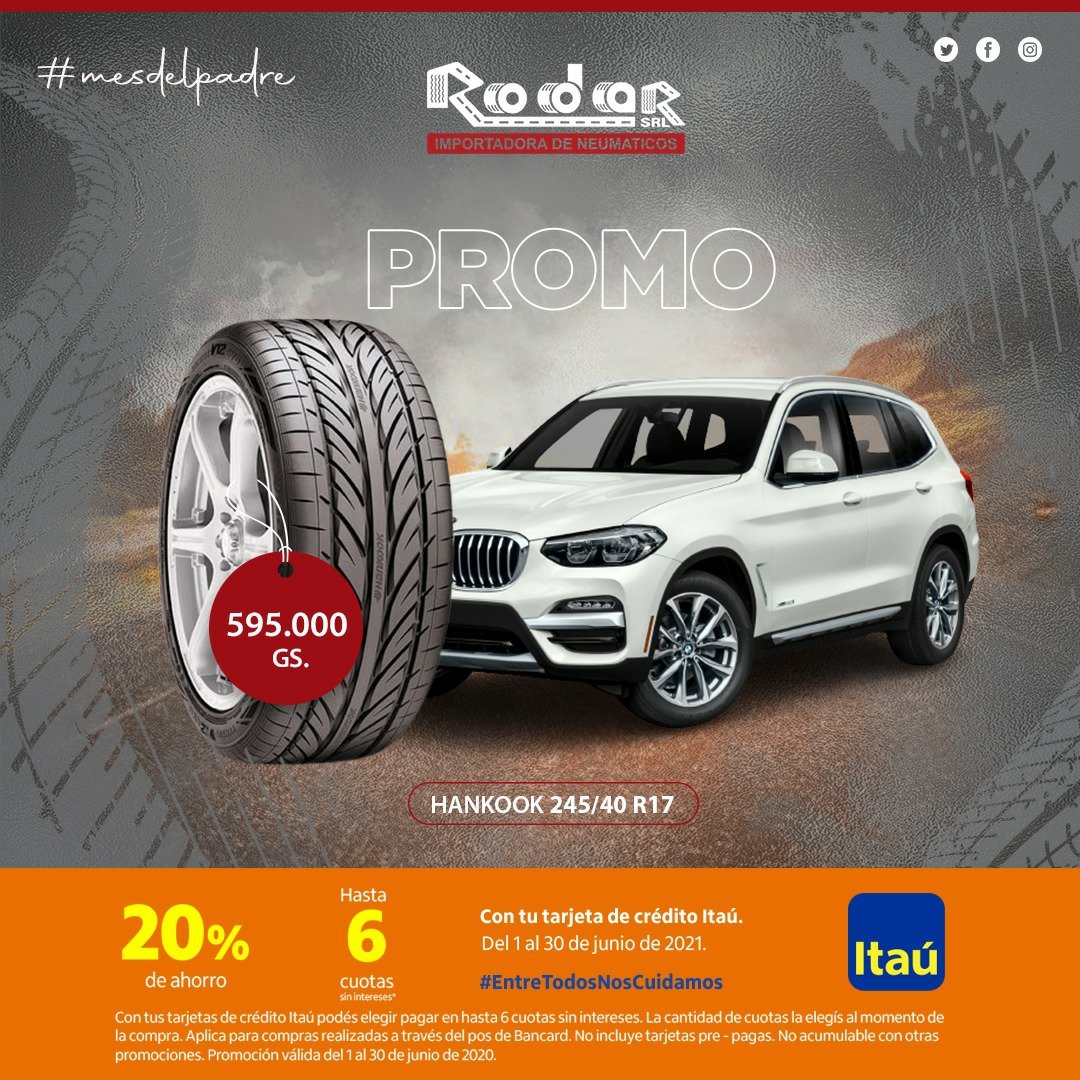 RodarSrl's tweet photo. Llegó el mes de PAPÁ y con él super descuentos más cuotas sin intereses con tus tarjetas de crédito @ItauParaguay 💳

¡Aprovechá esta PROMO vigente por todo el mes de Junio!
☎️ 
✅ Casa Central: 0986-101729
✅ Luque: 0986-904007
✅ Acceso Sur:  0981-271125
✅ Lambaré: 0971-141040 https://t.co/tvPwkdCtxM