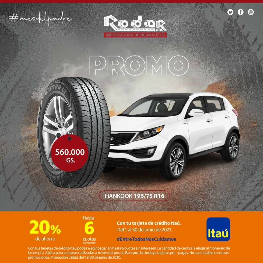 RodarSrl's tweet photo. Llegó el mes de PAPÁ y con él super descuentos más cuotas sin intereses con tus tarjetas de crédito @ItauParaguay 💳

¡Aprovechá esta PROMO vigente por todo el mes de Junio!
☎️ 
✅ Casa Central: 0986-101729
✅ Luque: 0986-904007
✅ Acceso Sur:  0981-271125
✅ Lambaré: 0971-141040 https://t.co/tvPwkdCtxM