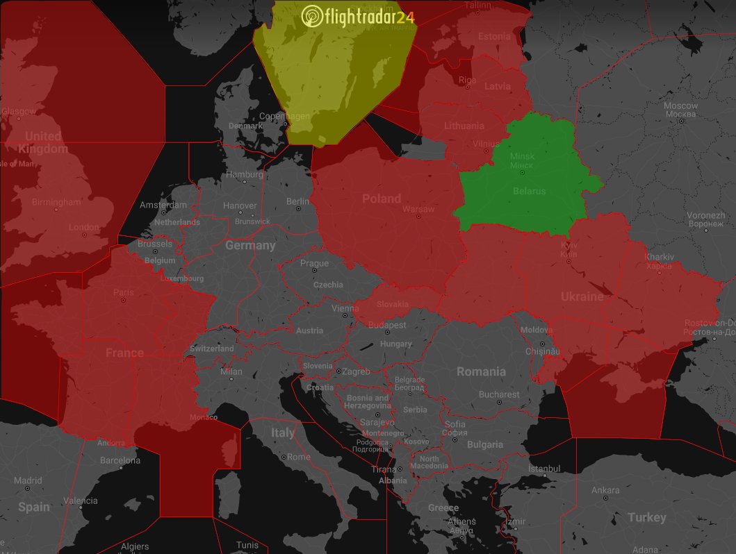Map showing airspace restrictions on Belarus flights
