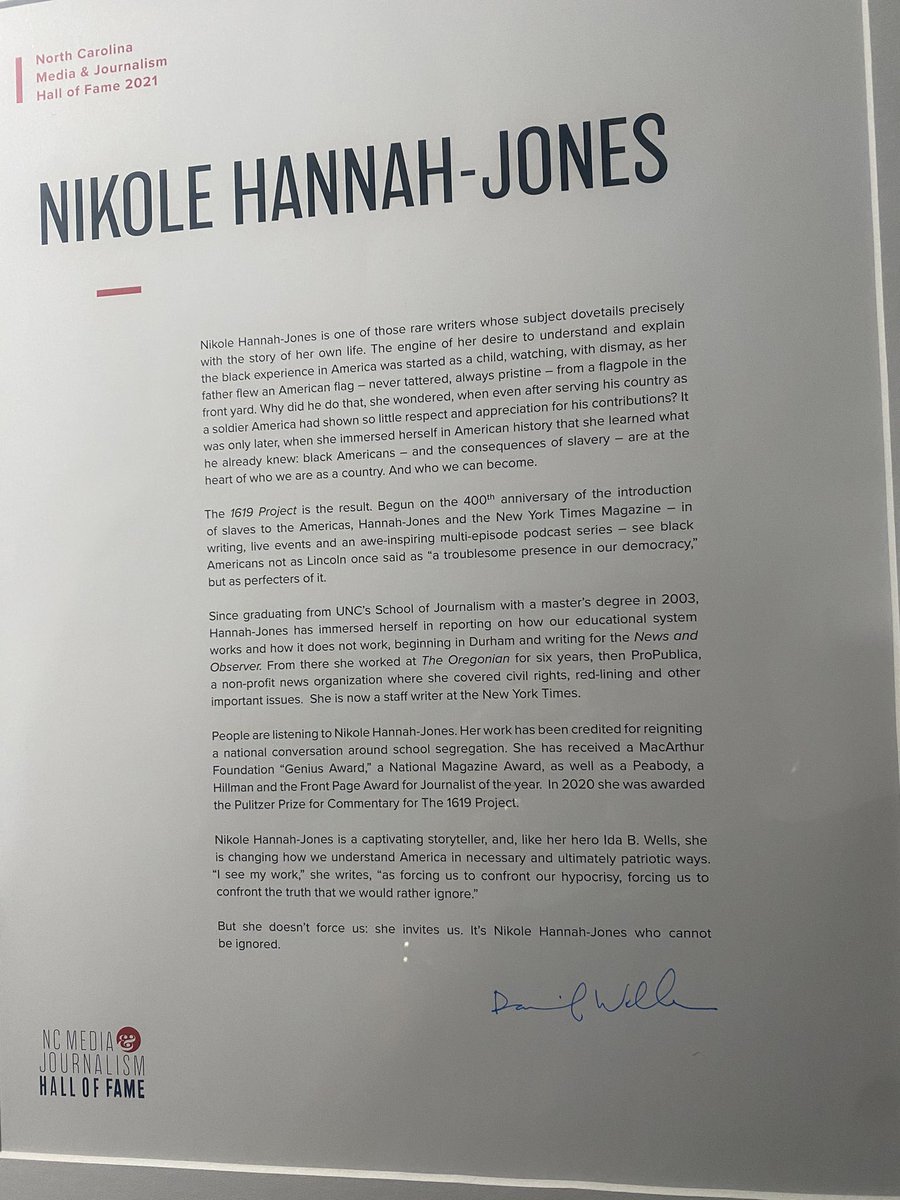 nhannahjones's tweet image. This arrived today from my induction into the North Carolina Media &amp;amp; Journalism Hall of Fame and I feel so sad about it all. Keep your heads up, y’all.