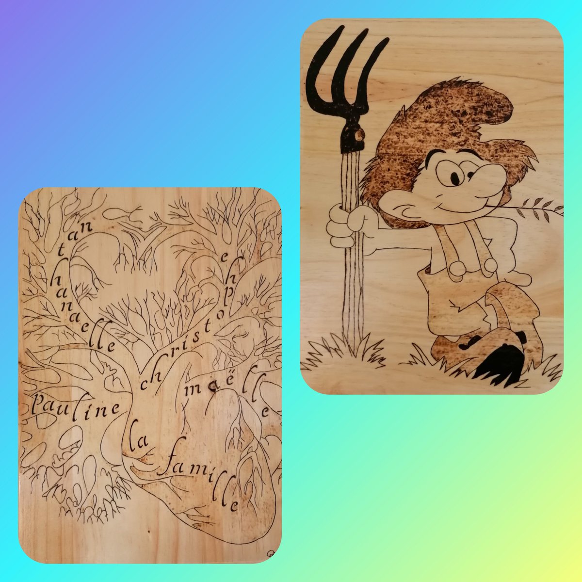 CreaPyrogravure's tweet image. Mes deux premières créations... Les dessins on été réalisés par la fille d&apos;une amie.
#coeur #famille #prénom #dessinanimé #stroumph #fermier #paysan #création #artisanal #pyrogravure #supportbois