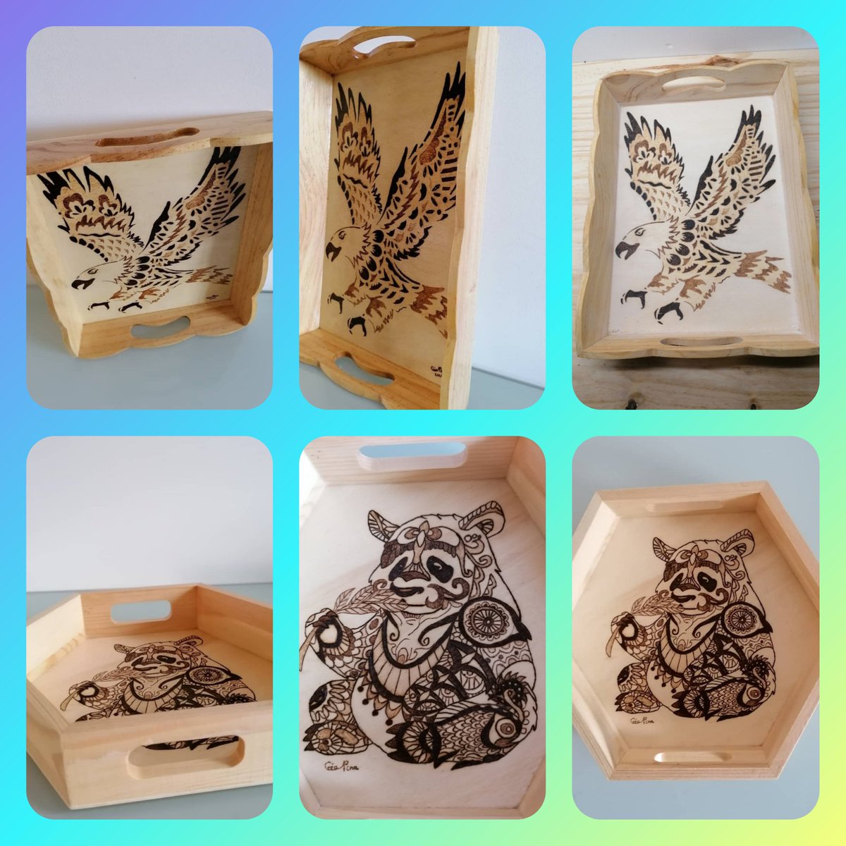 CreaPyrogravure's tweet image. Plateaux en contreplaqué.
#plateau #aigle #panda #mandala #pyrogravure #créationartisanale