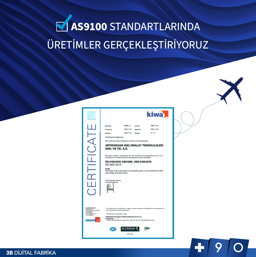 +90 3B Dijital Fabrika olarak; Uluslararası Havacılık ve Uzay Kalite Grubu (IAQG) tarafından uluslararası kabul görmüş AS9100 belgesine sahibiz. Üretimlerimizi ISO 9001 ve AS9100 standartlarında gerçekleştiriyoruz.

arti90.com

#3bdijitalfabrika #makeitbetterfaster