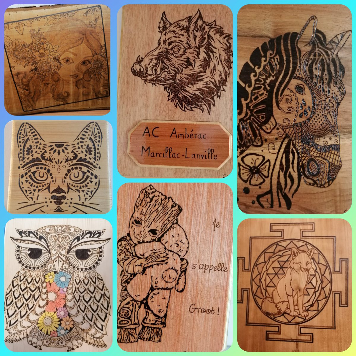 CreaPyrogravure's tweet image. #créationartisanale #création #artisanal #pyrogravure #supportbois #animals #portrait #sanglier #chat #cheval #renard #groot #hiboux #fleurs #chasse