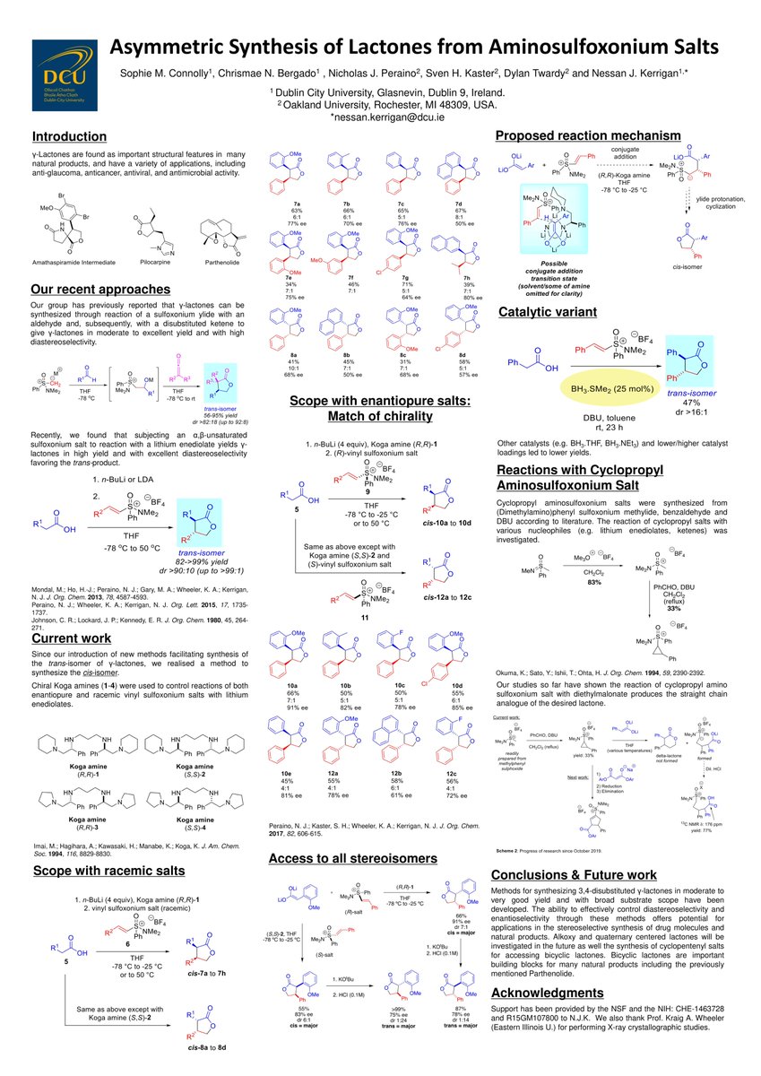 Our first poster is from <a href="/SophieCon96/">Sophie Connolly</a>, under supervision of Dr. Nessan Kerrigan! 
"Asymmetric Synthesis of Lactones from Aminosulfoxonium Salts" 
<a href="/DCUChemistry/">DCU School of Chemical Sciences</a>