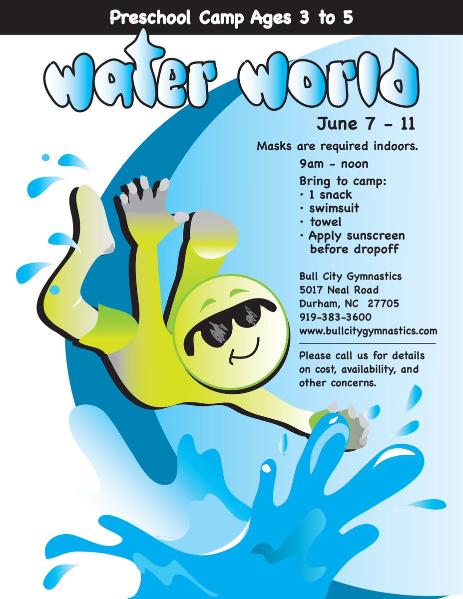 BullCityGym's tweet photo. Calling all pre-school campers!!! Don’t miss the water fun June 7-11! 💦🤸🏽‍♂️ https://t.co/2S6SAnhkNO
