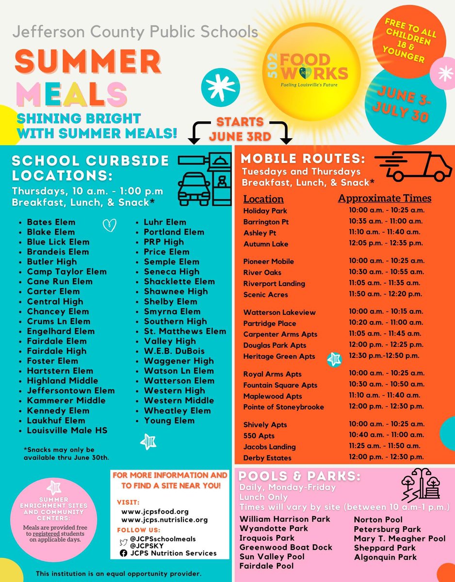 Kristin Johnson (@knightmiddleysc) on Twitter photo JCPS Summer meal site flyer with all the info below! Check out the Parks and Pool sites added!! <a href="/FernCreekHigh/">Fern Creek High School</a> <a href="/CarrithersMS/">Carrithers Middle</a> <a href="/Carrithers_SC/">Carrithers School Counseling</a> <a href="/mdfw08/">Dr. Denise Williams, Principal Olmsted North</a> <a href="/fcthsathletics/">Fern Creek High School</a> <a href="/glwurfel/">Lynn Wurfel</a> <a href="/mrtabor/">Melissa Tabor</a> <a href="/sarawilson021/">FC Sara Wilson-Abell</a> <a href="/Jessica15615179/">Carrithers MS Library Media</a> <a href="/FRYSC_JCPS/">FRYSC JCPS</a> JCPS Summer meal site flyer with all the info below! Check out the Parks and Pool sites added!! <a href="/FernCreekHigh/">Fern Creek High School</a> <a href="/CarrithersMS/">Carrithers Middle</a> <a href="/Carrithers_SC/">Carrithers School Counseling</a> <a href="/mdfw08/">Dr. Denise Williams, Principal Olmsted North</a> <a href="/fcthsathletics/">Fern Creek High School</a> <a href="/glwurfel/">Lynn Wurfel</a> <a href="/mrtabor/">Melissa Tabor</a> <a href="/sarawilson021/">FC Sara Wilson-Abell</a> <a href="/Jessica15615179/">Carrithers MS Library Media</a> <a href="/FRYSC_JCPS/">FRYSC JCPS</a>
