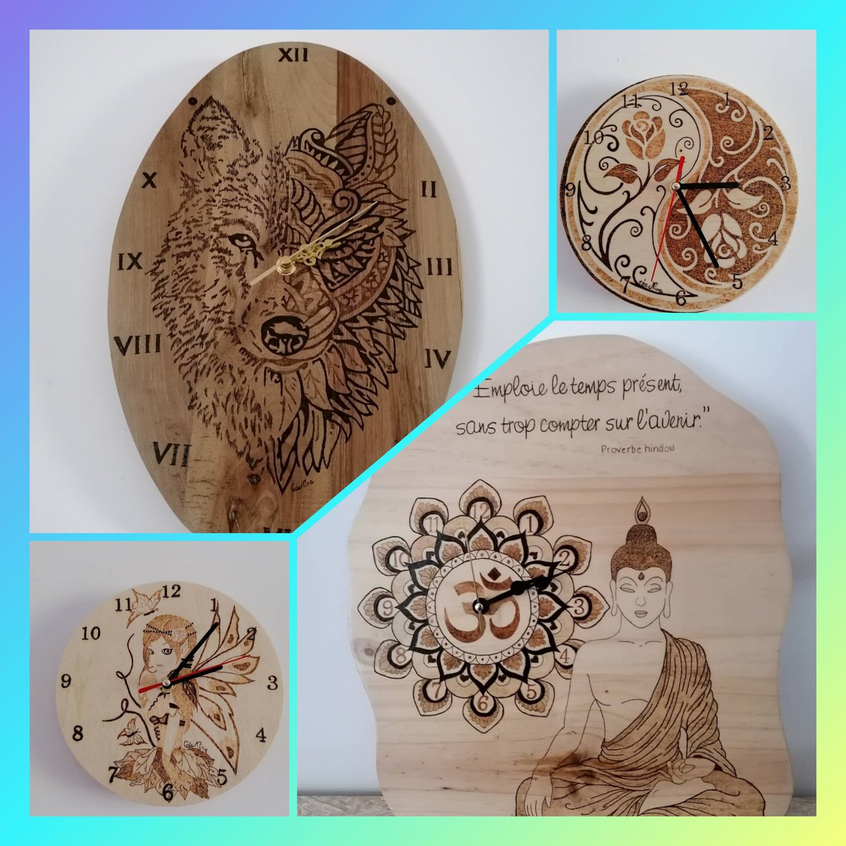 CreaPyrogravure's tweet image. Mes horloges: tailles, formes, thème différents...
#horloge #pendule #heure #fleuredevie #yoga #bouddha #indouisme #proverbe #support #bois #création #artisanal #créationartisanale #pyrogravure #supportbois #animals #portrait #yinyang #loup #rose #fleurs