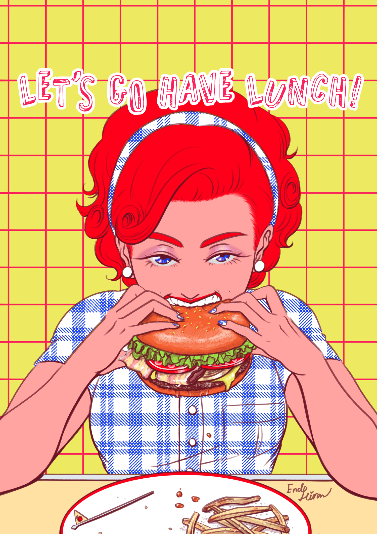 エンドーハイロウ イラストレーター ロゴ入れました ファーストフード店のポスターイメージです 大口で食べる子が好きです 創作クラスタさんと繋がりたい ハンバーガー アメリカンビンテージ 女の子のイラストだけで興味を持ってくれる方へ届け