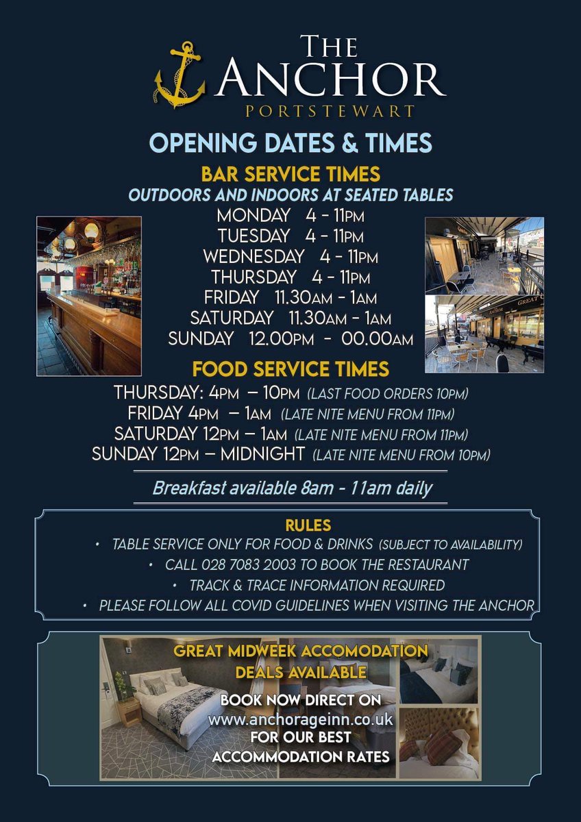 Check out our current opening times. Why not grab the best seat in town and join us here at The Anchor