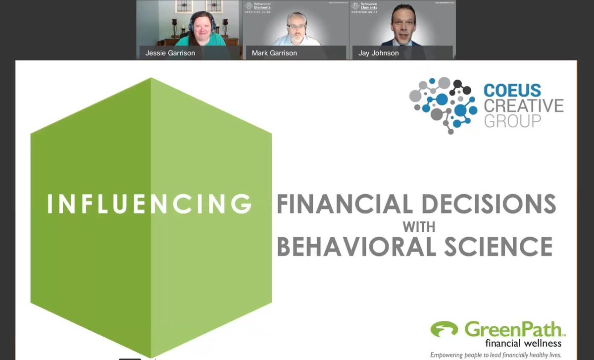 CoeusCG's tweet photo. We recently did a webinar for @GreenPath and their partners on "Influencing Financial Decisions with Behavioral Science" using our #BehavioralElementsProgram. 

We delved into the factors that influence our budgetary #decisionmaking. Thank you for having us GreenPath! https://t.co/BlyvYLlzJN