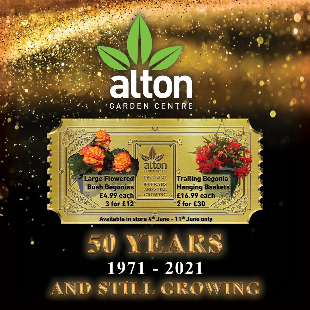 Introducing our twelfth weekly Golden Ticket offer! This week, a double offer!

Large Bush Begonia - 3 for £12
AND
Trailing Begonia Hanging Basket - 2 for £30

To celebrate our Golden Anniversary we are bringing you great new offers every week, for 50 weeks. So watch this space!