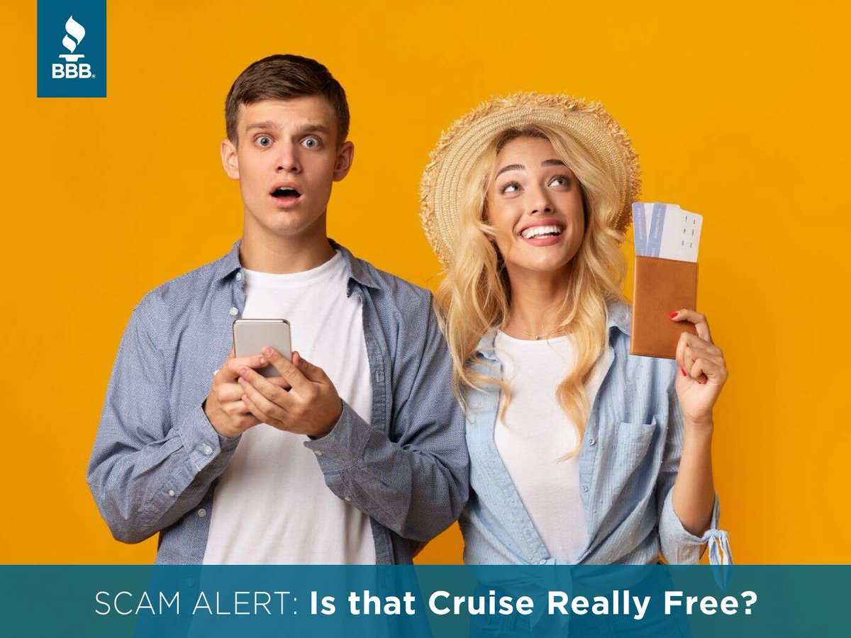 bbbkyin's tweet photo. You may not be planning a cruise anytime soon but that won't stop scammers from trying to get you to book one now. How? Offering it to you for free! Too good to be true? You better believe it. https://t.co/b9ofZAhwAK #StartWithTrust #BBB #AskBBB #BBBScamAlert https://t.co/jgjP2lo2e9