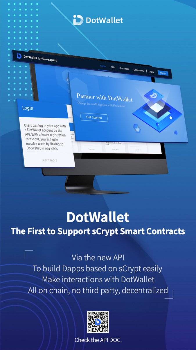 wallet_dot's tweet photo. To make things easier for developers, #DotWallet and #sCrypt are working together again! It's a brand new way to build #Dapps based on sCrypt effortless. Scan the QR code to check the #API doc. right now. 👇👇@sinoTrinity @BitcoinAssn @RealCoinGeek #Bitcoin #BSV https://t.co/dE1aCCJbx2