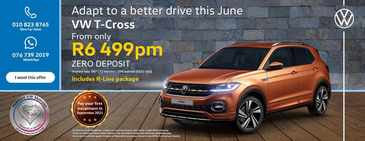 hatfieldvwmel's tweet photo. A new level of savings has arrived!π₯
Receive pure freedom this June with these warm deals on your favorite @VolkswagenSA vehicle.
DM us for any enquiries. π₯
#HatfieldVWMelrose #Rated1InService #Volkswagen #VW #Cars https://t.co/LfDDPmjTqC