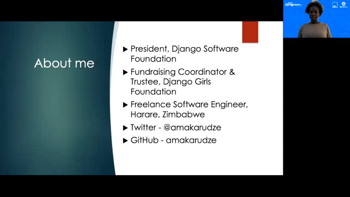 pauloxnet's tweet image. I'm watching the talk "All about The Django Software Foundation (DSF)" by Anna Makarudze @amakarudze  🇿🇼 (President of the Django Software Foundation 🦄 @djangoproject ) at the DjangoCon Europe 2021 🇪🇺

CC @DjangoConEurope @pycon_zim @djangogirls

#DSF #DjangoSoftwareFoundation