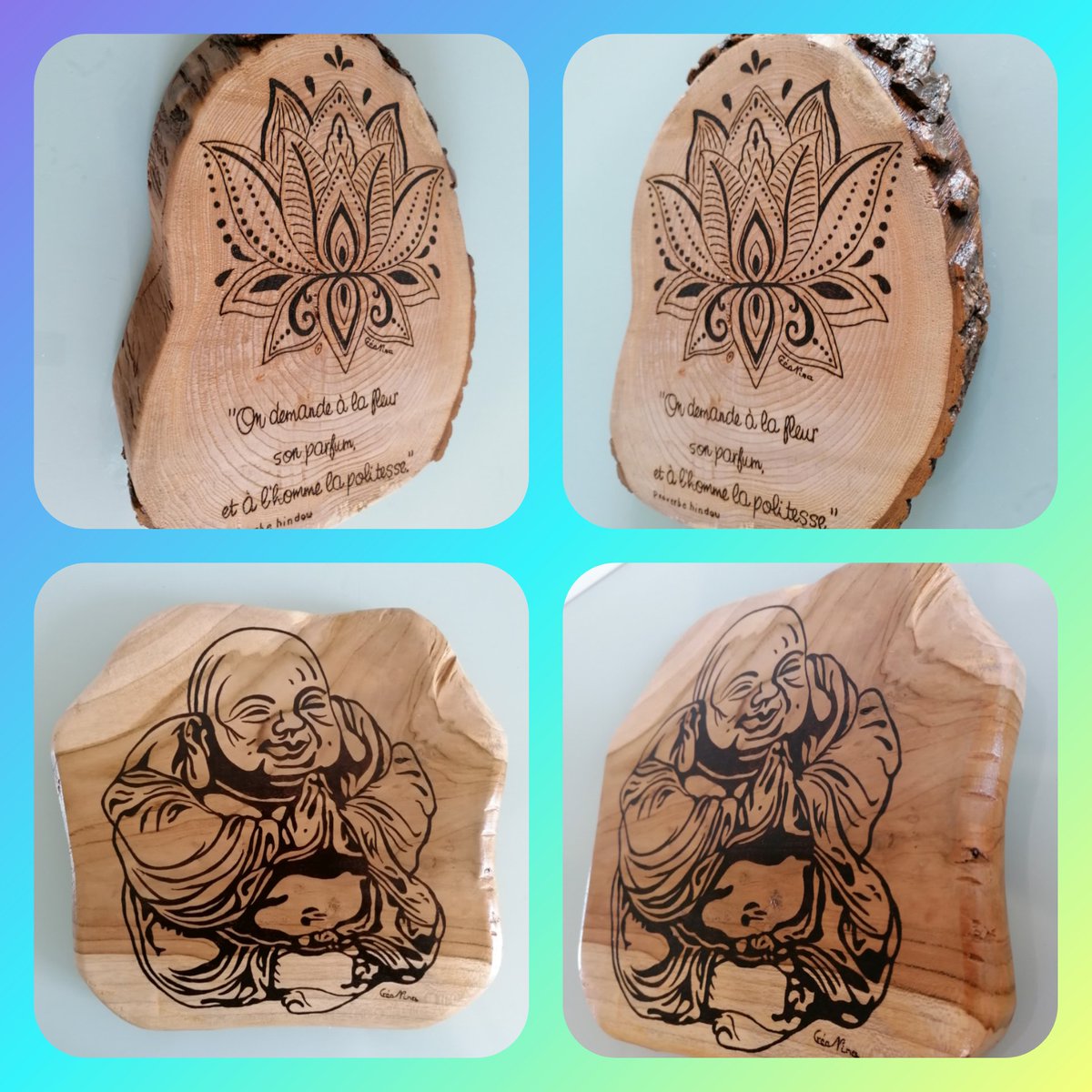 CreaPyrogravure's tweet image. Mes dessous de plat
#création #artisanal #pyrogravure #supportbois #créationartisanale #dessousdeplat #fleursdelotus #bouddha #proverbe #hindou #proverbehindou #indouisme