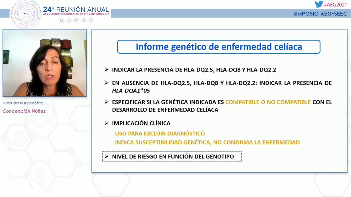 Farrais84's tweet photo. #AEG2021 ¿Qué debe incluir un informe genético de enfermedad celiaca? Nos lo ha contado de manera brillante la Dra. Núñez de la @seeceliaca https://t.co/t7kzl1NKLX