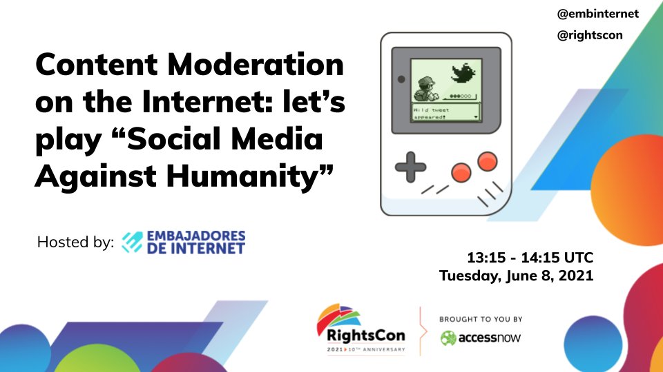 Attending #RightsCon next week? Come to debate about content moderation while playing Social Media Against Humanity with @embinternet 🔥🔥🔥

📌 More info at embajadoresdeinternet.org/social-media-a…