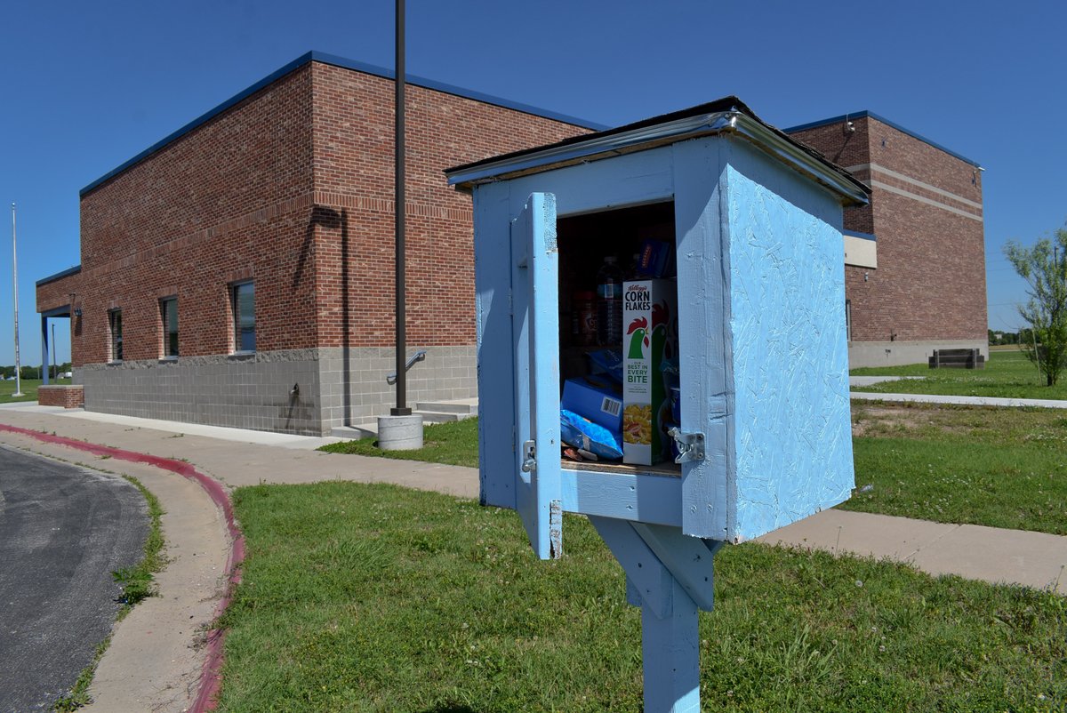 The new blessing box outside of Goddard Academy stocked full of food. 