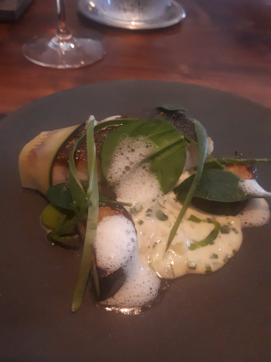The menu <a href="/HareScawton/">The Hare At Scawton</a> and the first course a delicious stone bass with razor clams and a beautiful sauce