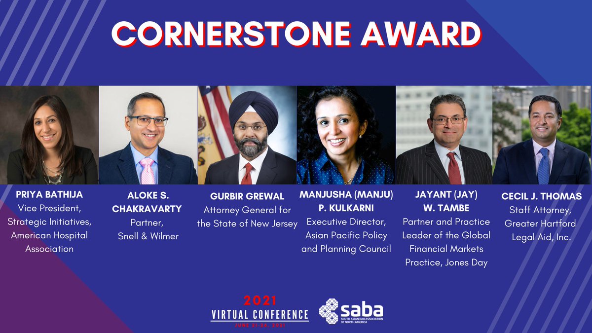 SABALegal's tweet photo. (1/2) Congratulations to the 2021 SABA North America Award Winners!

A special thank you to our Awards Chairs Sa'adiyah Masoud and Jasmine Singh, and the entire Awards Committee!

#thisissaba #SABAConnects2021 https://t.co/cjm7PwMi3Q