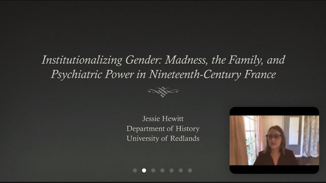 This was such a fascinating talk about gender and psychiatry in France by <a href="/jessie_hewitt/">Jessie Hewitt</a>. The paper engaged with archival materials and testimonies of doctors and patients, and the Q&amp;A brought up colonial asylums in North Africa and individual vs collective madness in France.