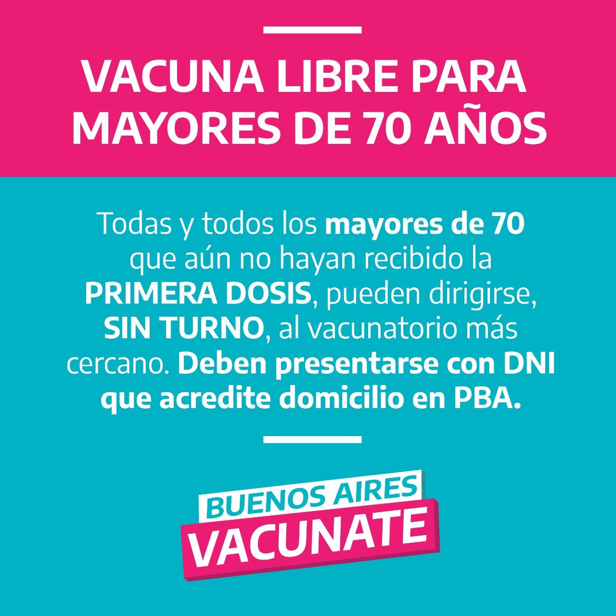 VACUNA LIBRE PARA MAYORES DE 70 AÑOS 💉💉

#BuenosAiresVacunate 

<a href="/BAProvincia/">Gobierno PBA</a> 
<a href="/Kicillofok/">Axel Kicillof</a>