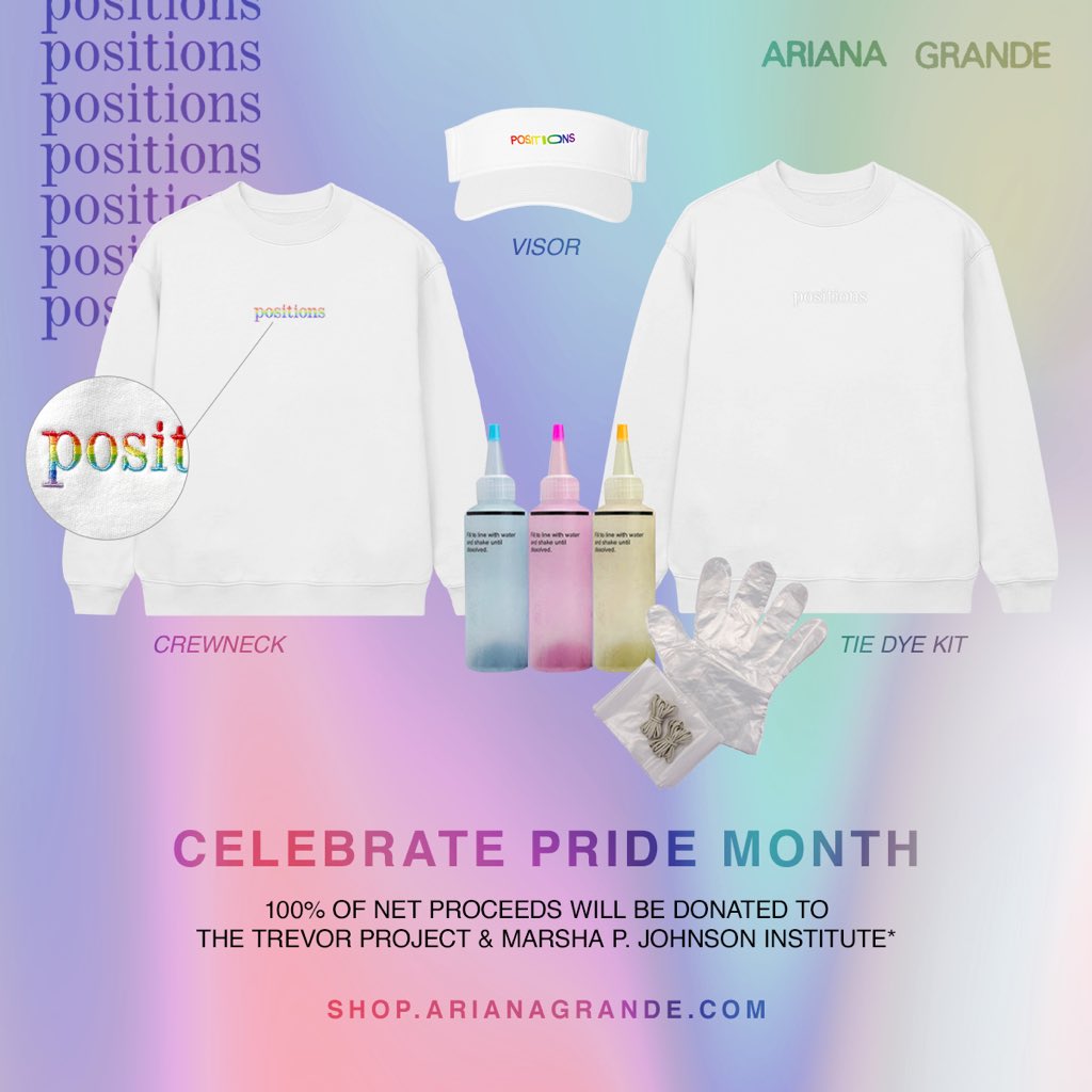 TeamAriana's tweet photo. Positions pride collection 🏳️‍🌈 

100% of net proceeds will be donated to @TrevorProject and @MPJInstitute https://t.co/g3uZqqrMek https://t.co/0QWJo4niQc
