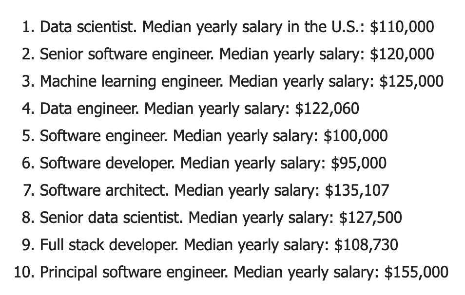 ABD'de yapay zeka alanında en çok aranan meslekler / yetkinlikler ve (yıllık brüt) maaşları. (Kaynak: Indeed / cnbc.com/2021/06/01/10-…)