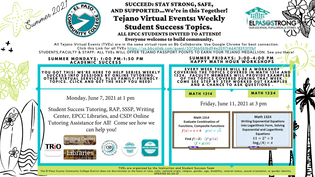EPCCNews's tweet photo. Join EPCC Instruction and Student Success for its weekly Tejano Virtual Events! EPCC Tutoring Resources at 1:00 p.m. on Monday, June 7, and Math 1314 and Math 1324 workshops at 3:00 p.m. on Friday, June 11. Join here: https://t.co/cVC7UXZpn4 https://t.co/paHUsSPmL7