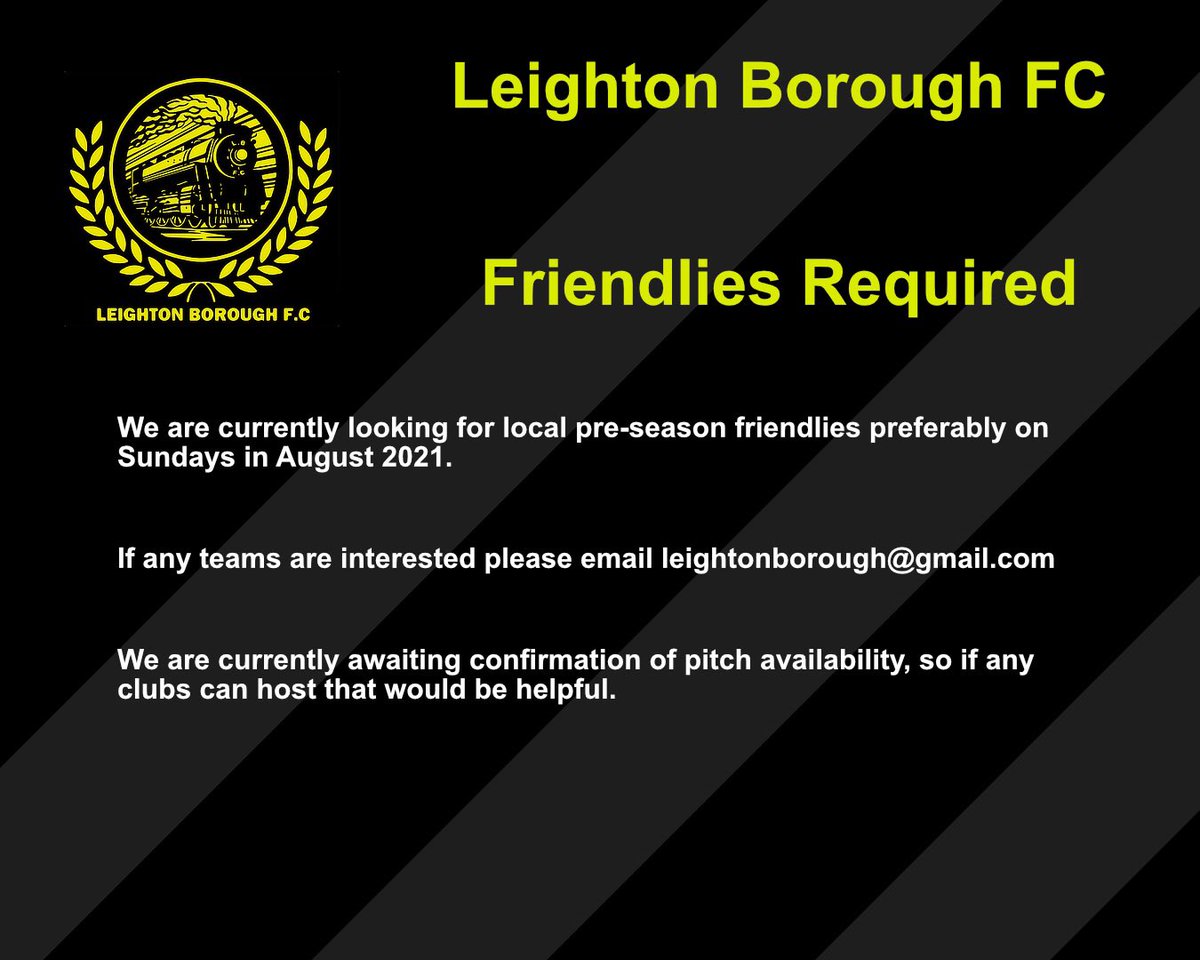 We are looking for preseason friendlies in August. We are based in Leighton Buzzard Bedfordshire and looking for friendlies against teams around the Herts, Beds & Bucks area. @fffinderuk #sundayfootball