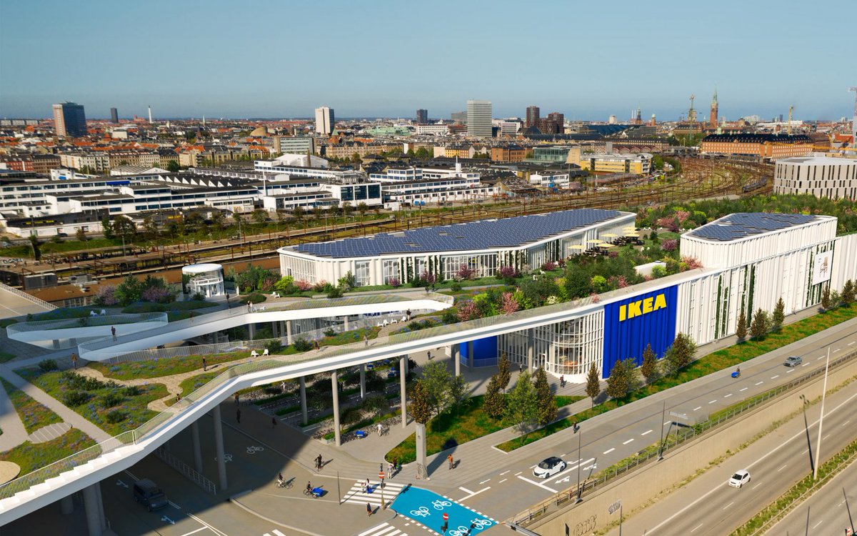 arquitect_viva's tweet photo. El estudio danés Dorte Mandrup ha diseñado una nueva gran tienda para IKEA en  Copenhague con un parque público en la azotea que actuará como un "salón verde" para la ciudad. Situada en el barrio de Vesterbro, se inaugurará en 2023 y su acceso prioritario será en bicicleta. https://t.co/dE81AokziB