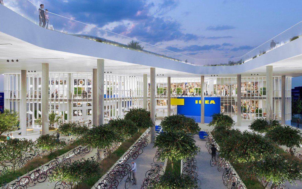 arquitect_viva's tweet photo. El estudio danés Dorte Mandrup ha diseñado una nueva gran tienda para IKEA en  Copenhague con un parque público en la azotea que actuará como un "salón verde" para la ciudad. Situada en el barrio de Vesterbro, se inaugurará en 2023 y su acceso prioritario será en bicicleta. https://t.co/dE81AokziB