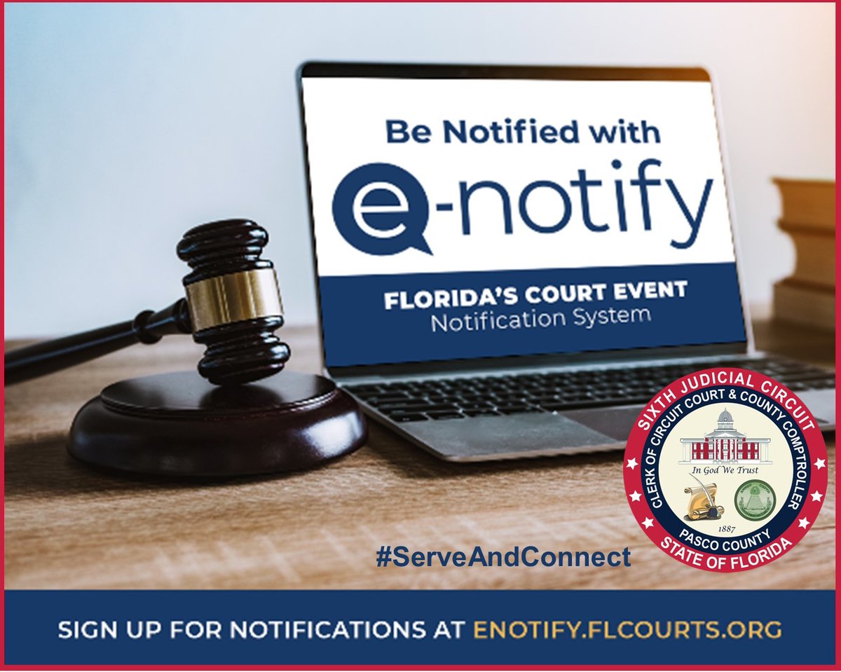 pascoclerk's tweet image. Want to know what&apos;s coming up in a criminal case? Never miss an update with @flcourts #eNotify system: enotify.flcourts.org/User/Signup. Especially great for journalists. @TB_Times @WFLA @10TampaBay @BN9 @FOX13News @abcactionnews @LakerLutzNews @tampafreepress @WFLANews 
#ServeAndConnect