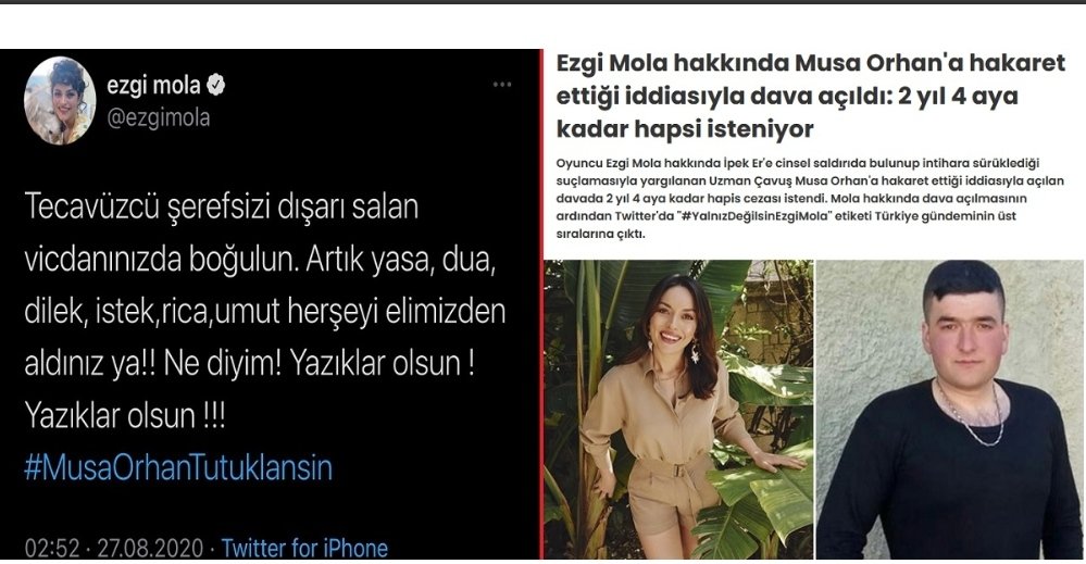 Lütfen bu olayı bir de tecavüz edilen ve sonrasında yaşadığı acıya dayanamayarak intihar eden İpek Er'in annesine anlatın. Musa Orhan'ın hakları var ama, merhum İpek Er'in, annesinin, vatandaş Ezgi'nin hakları yok demek ki
#EzgiMolaYanlızDeğildir 
#EzgiMolanınYanındayız 
#Adalet